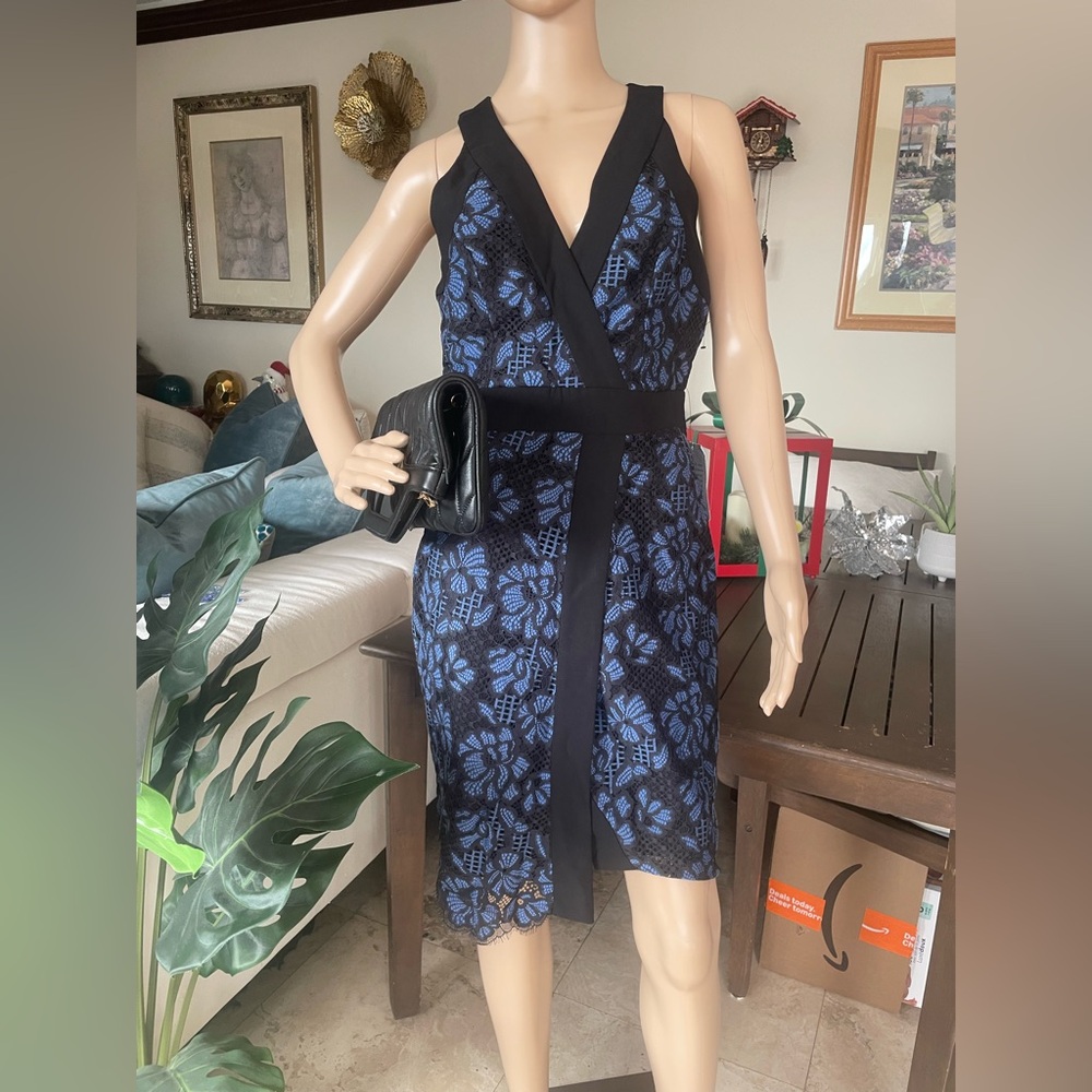 NWT Harlyn Blue & Black Lace Faux-Wrap Cocktail Dress - Size S